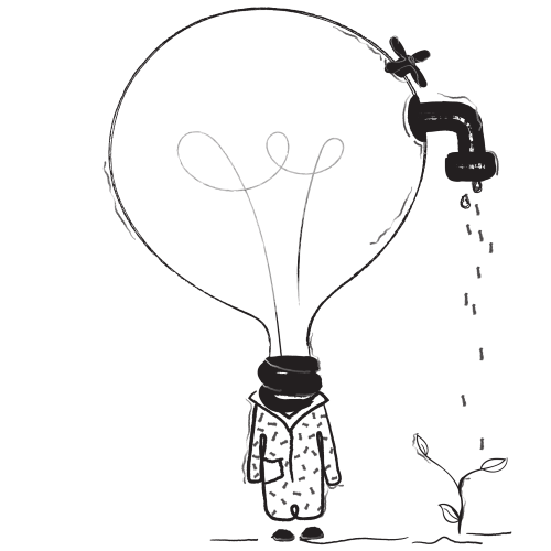 Simple Pencil Drawing of a person in a winter coat with a Light Bulb for a head and a Faucet for a mouth...
Water is coming out of the faucet and landing on the plant.